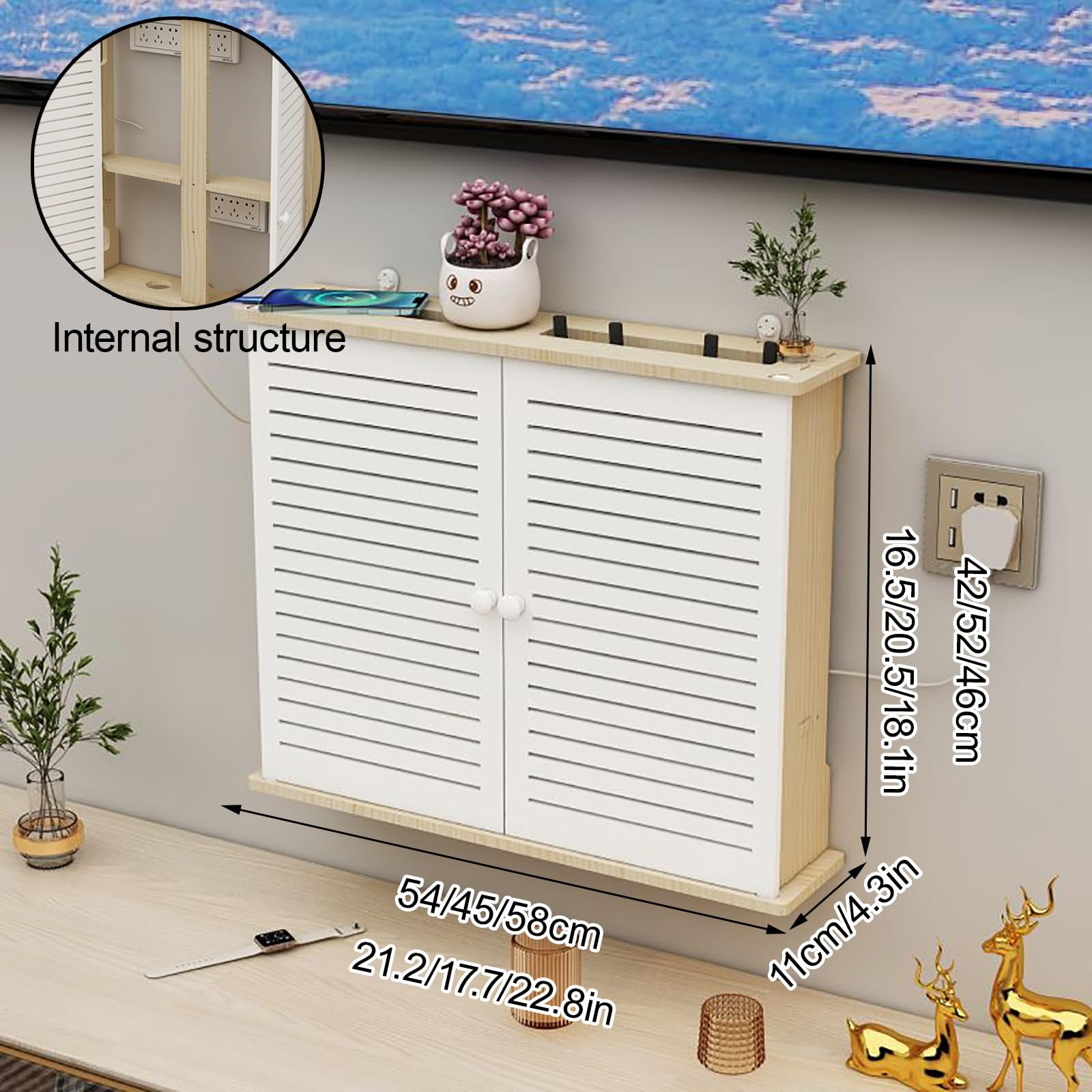 Scatola portaoggetti in Legno per Router, Nascosta da Box WiFi a Parete, mobiletto Decorativo per Router, scaffale per Modem, Supporto per proiettore, Organizer per la Gestione