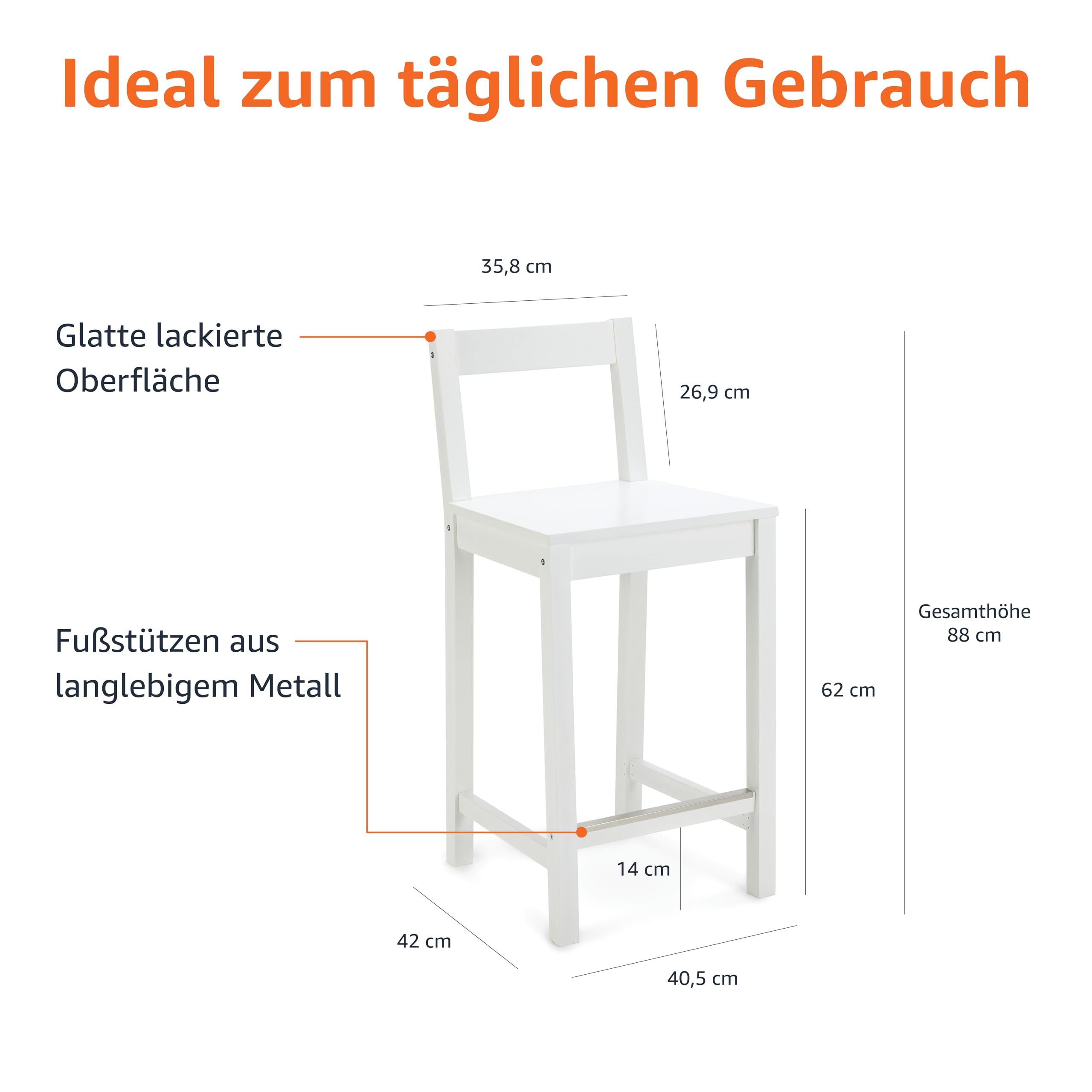 Amazon Basics Küchenhocker aus Holz, Barhocker mit Rückenlehne, Esszimmerstuhl, einfache Montage, modern, 2 Stück, 88 cm hoch, Weiß