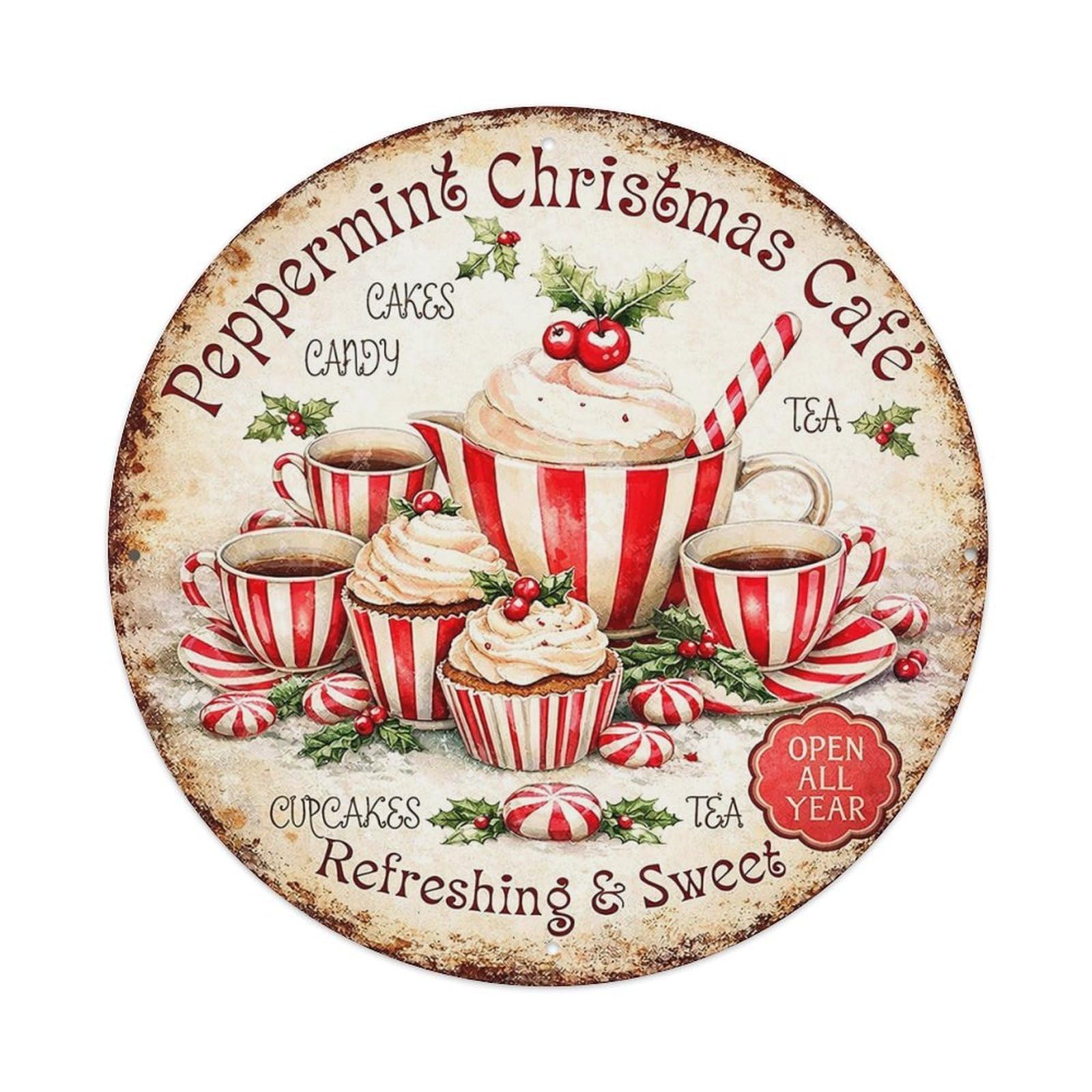 Peppermint Christmas Cafe Cupcakes Tea Vintage Round Tin Sign Retro Metal Wall Decor Metal Poster, Home Bar Garage Cafe Wall Art Decoration 8x8Inches