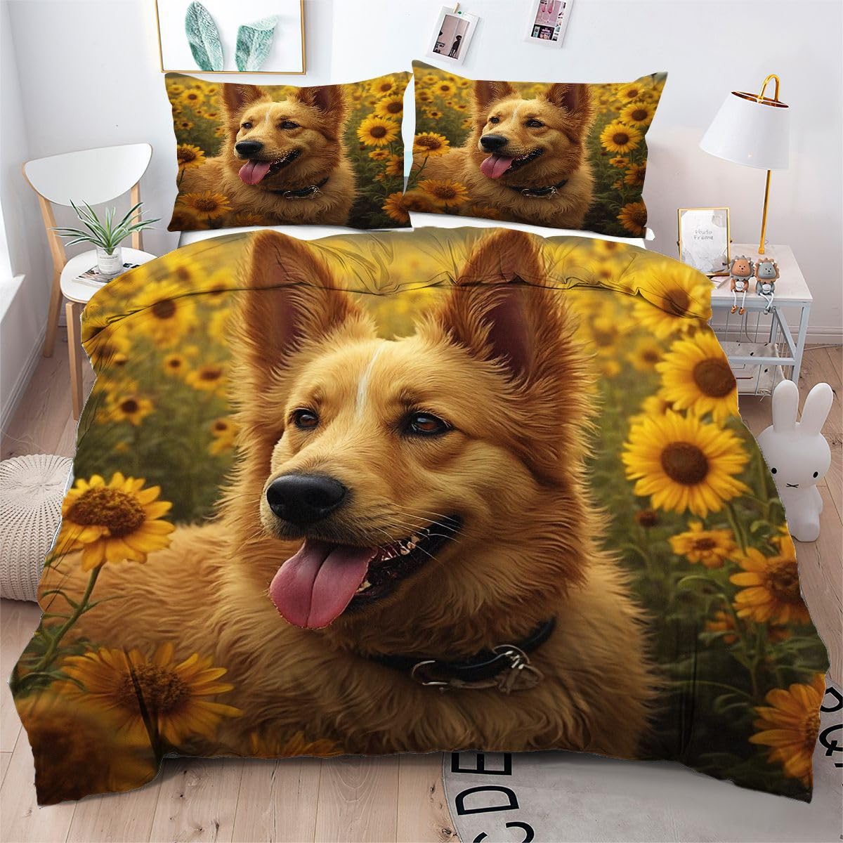 3-częściowy komplet pościeli 155 x 220 cm, dla nastolatków, z mikrofibry, z zamkiem błyskawicznym, 2 poszewki na poduszkę 80 x 80 cm, żółty pies