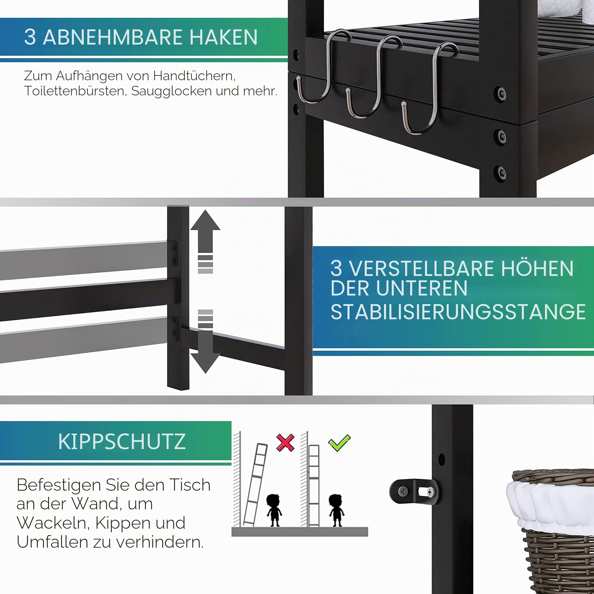SMIBUY Badezimmer-Aufbewahrungsregal, Bambus-Über-der-Toilette-Organizer-Rack, freistehender WC-Platzsparer mit 3-stufigen verstellbaren Regalen (Schwarz)