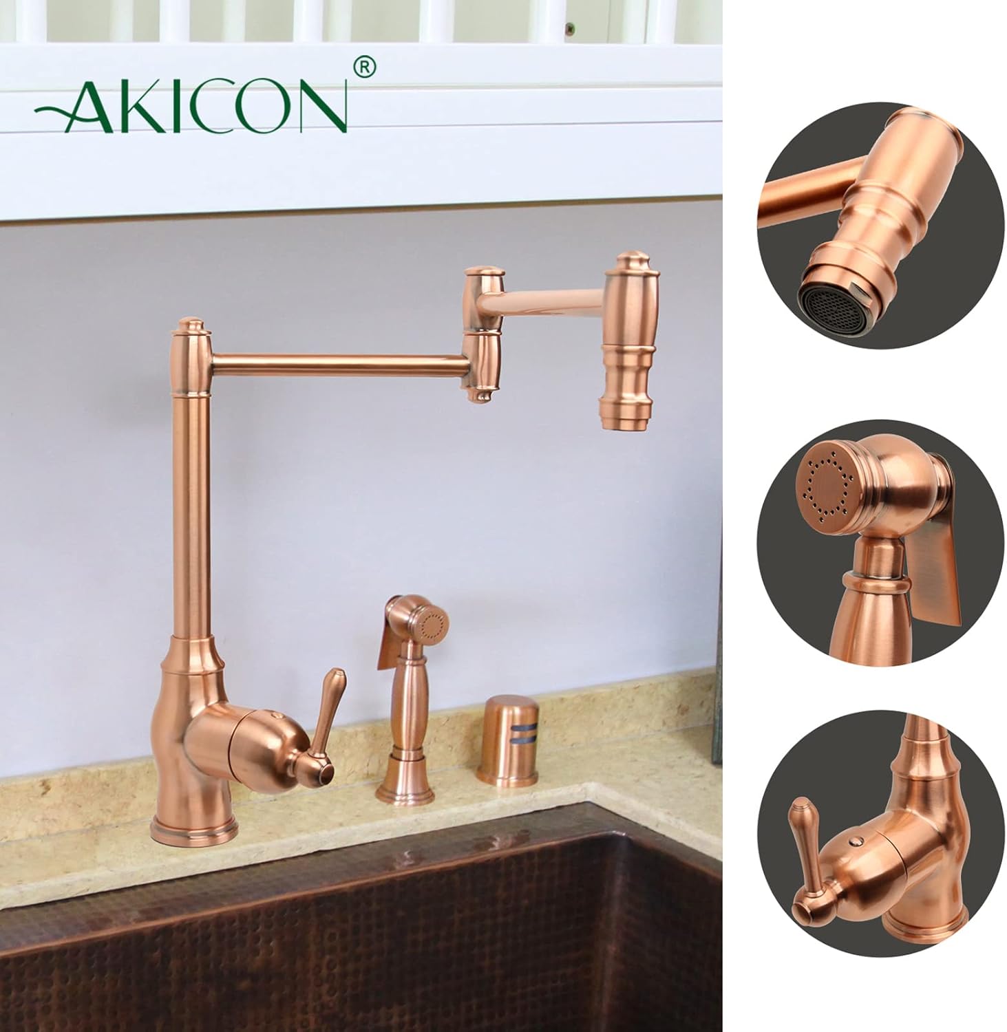 One-Handle Copper Kitchen Pot Filler Faucet with Side Spray