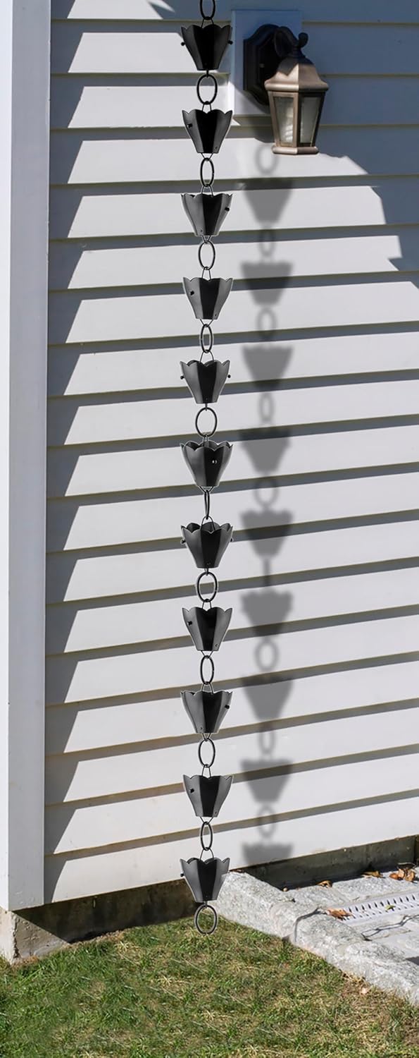 13 Cup Tulip Black Aluminum 8.5 ft. Rain Chain with Gutter Installation Clip by Good Directions