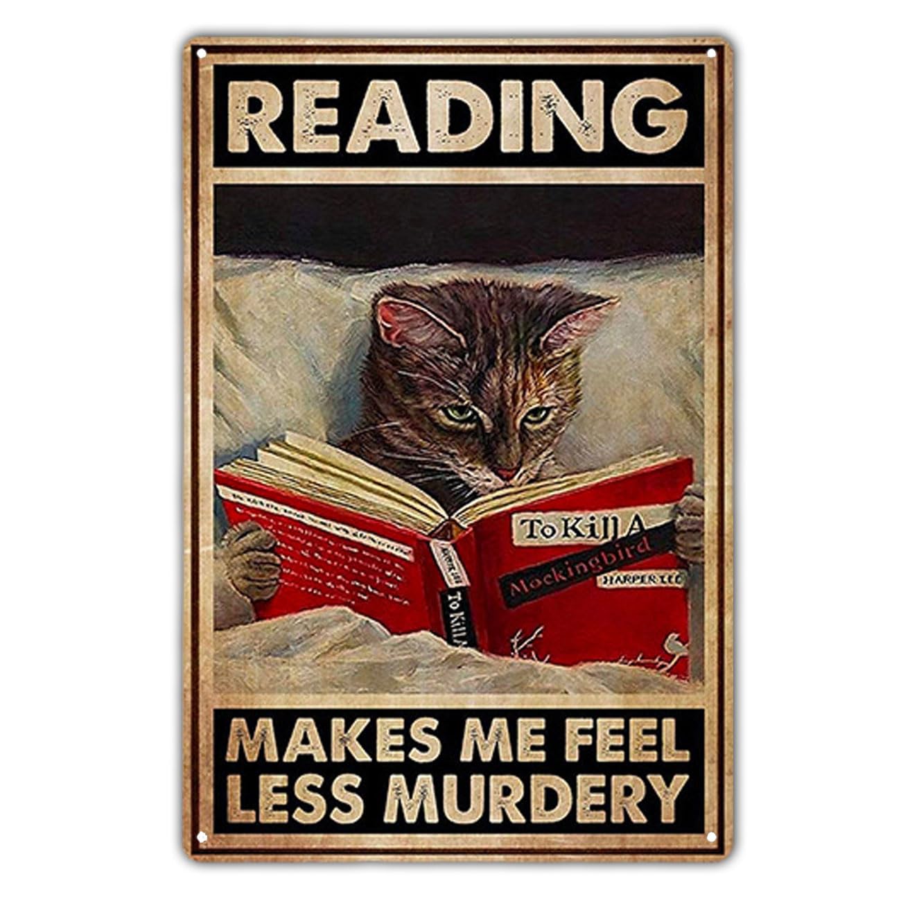 KONFEN Vintage Metal Cat Reading Tin Sign Wall Art - Retro Decor Funny Plaque Poster Print - 8 * 12 Inch Gift for Cat Lovers Home Door Coffee Shop Bathroom
