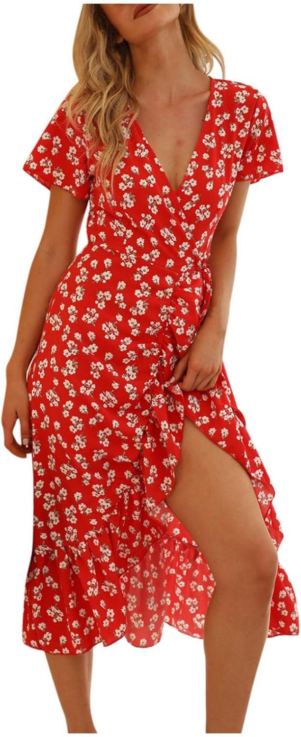 Vestido por debajo de la rodilla de verano con estampado floral bohemio, manga corta, cuello en V, de fiesta, de playa ,con volantes y cinturón