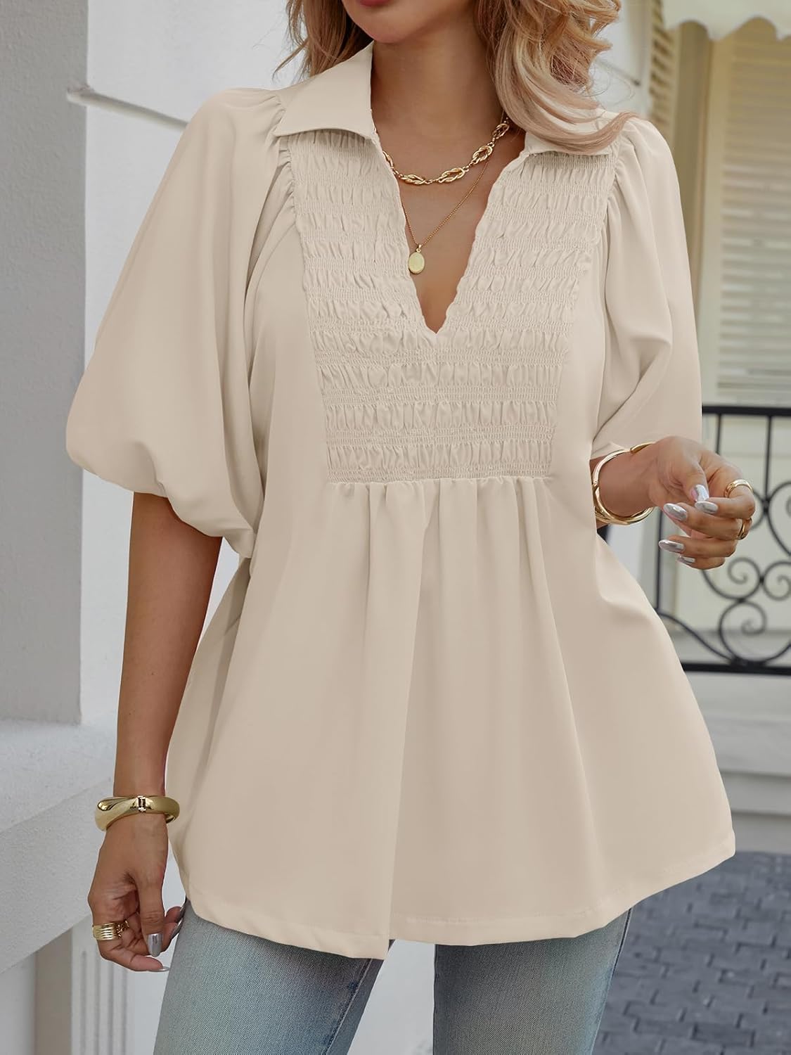 Cicy Bell Womens Summer Puff Sleeve Blouses Smocked V Neck Babydoll Peplum Casual Tunic Tops Loose Fit Pleated Shirts - Image 5