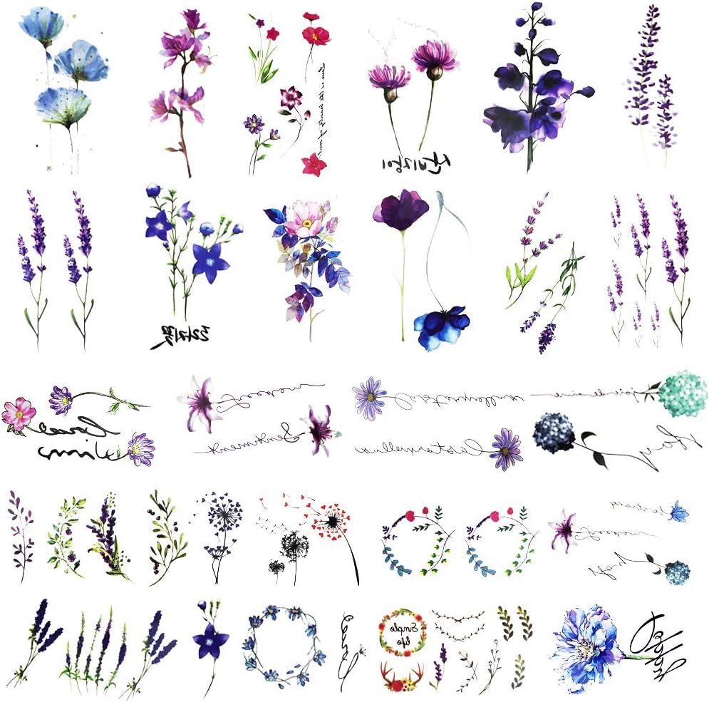 Everjoy Blue and Purple Flower Temporary Tattoos - 24 Pcs, Lavender, Blossom