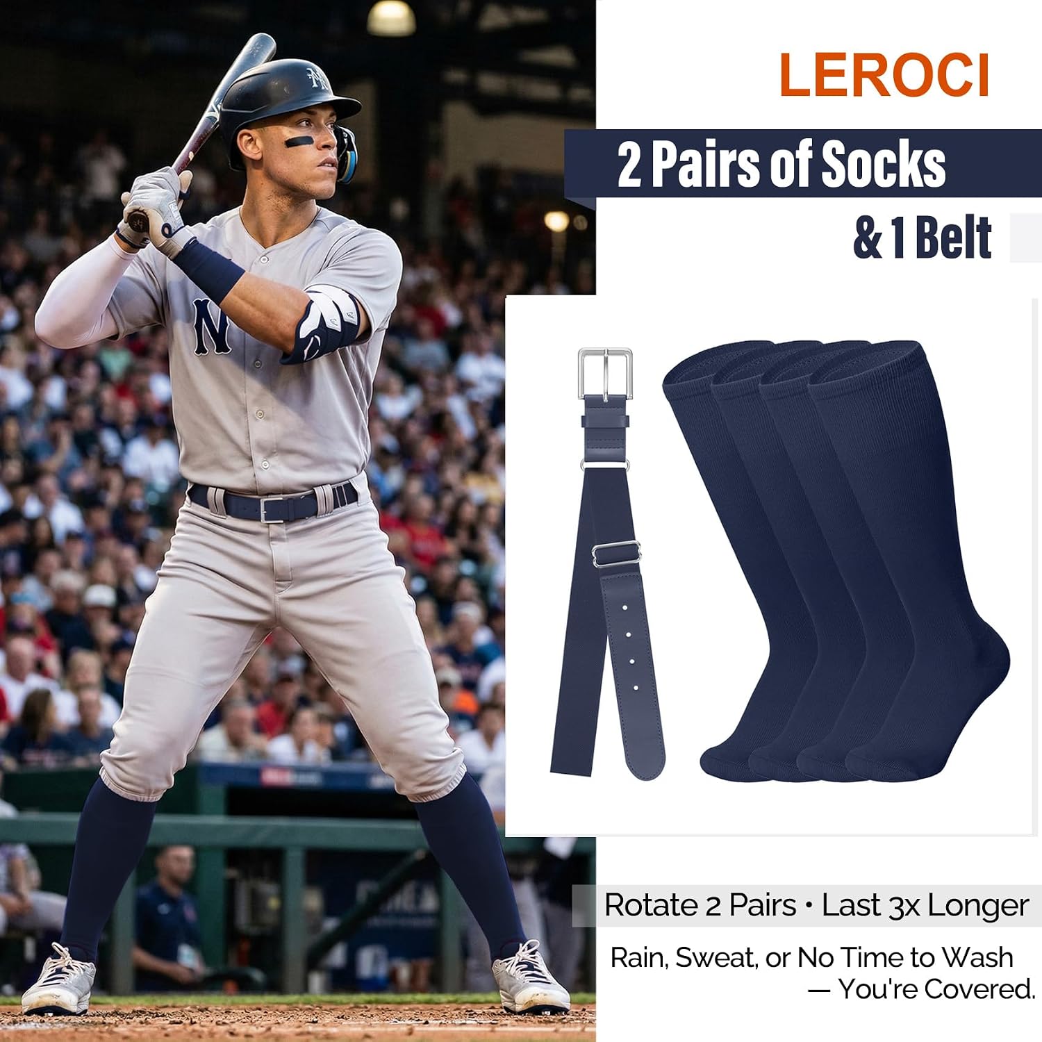 Baseball Softball Belt & Socks Combo Set for Youth and Adult (2 Pairs of Socks & 1 Belt)