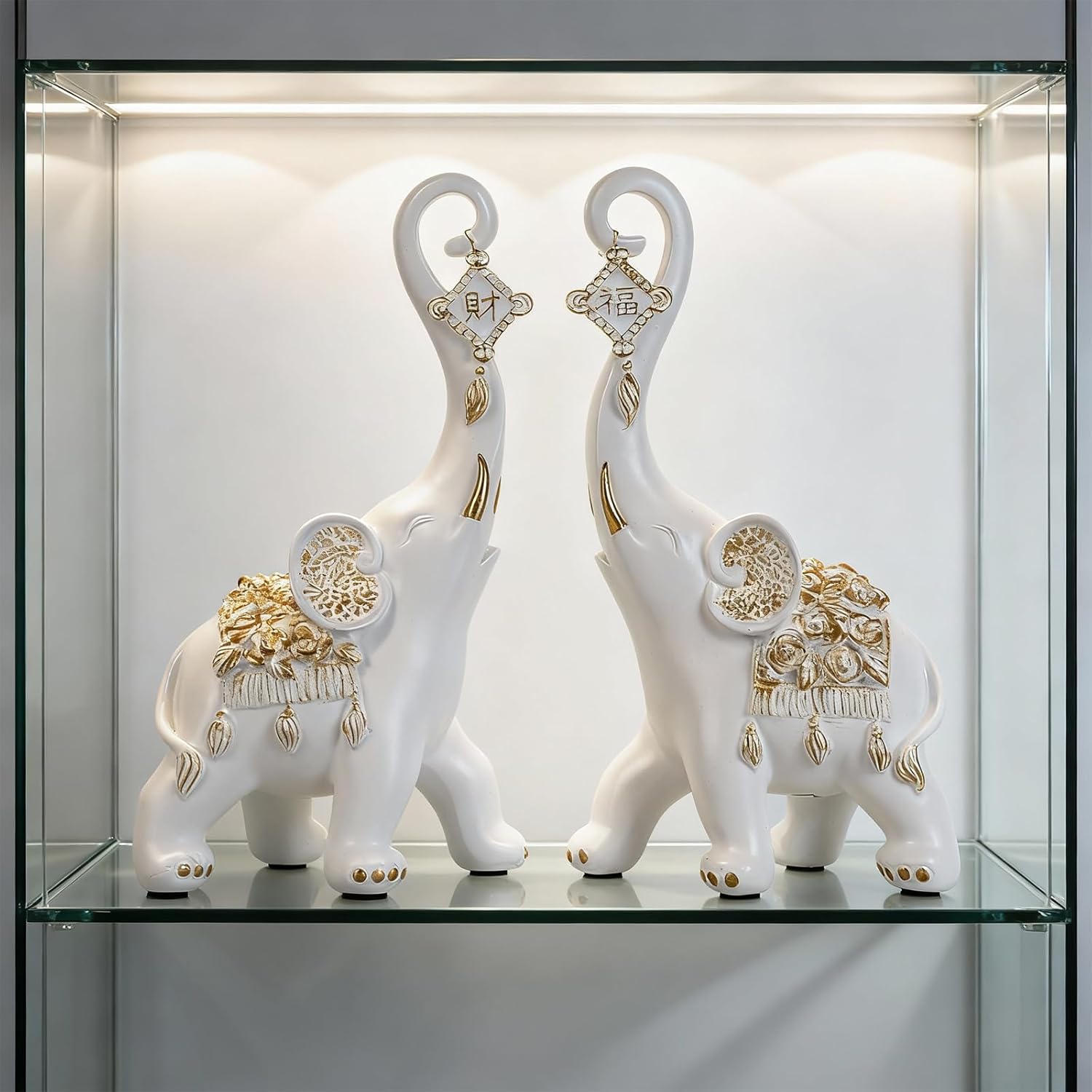 White Elephant Statues Home Decor, A Pair White Lucky Elephant Statue and Sculpture Decorativos para Sala, Elephant Gifts for Women - for Living Room Tv Stand, Entry Table Office Ornament