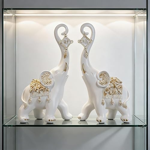 Miniatura 8 de Estatuas de elefante blanco para decoración del hogar, un par de estatuas de elefante de la suerte blancas y esculturas decorativas para la sala,