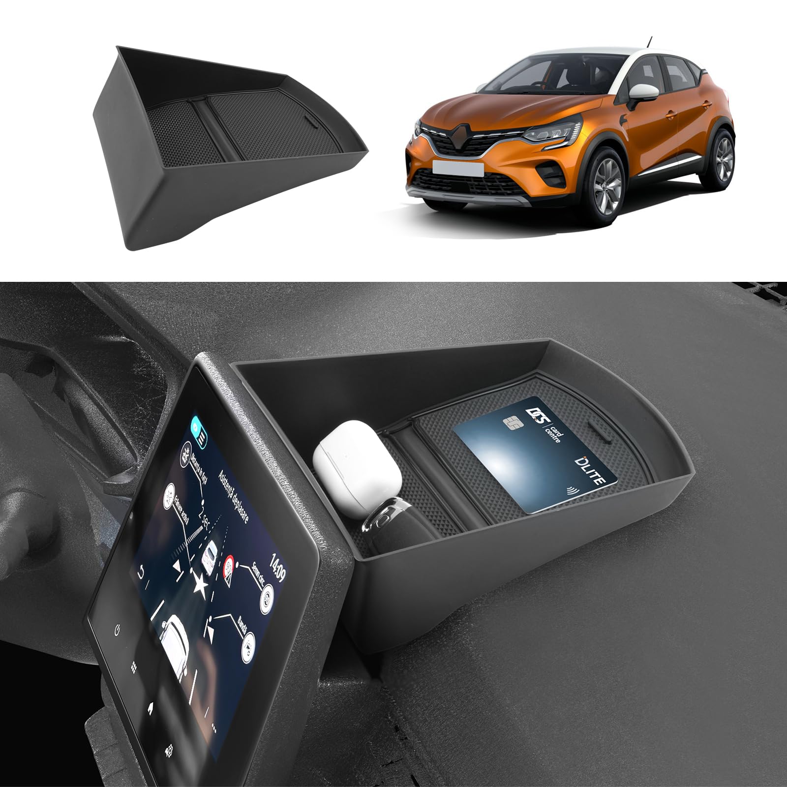 Boîte de Rangement pour Tableau de Bord Central Compatible avec Renault Captur 2 2020-2024, Organisateur de Console Centrale, Plateau Rangement de Console avec Tapis Antidérapants (Noir)