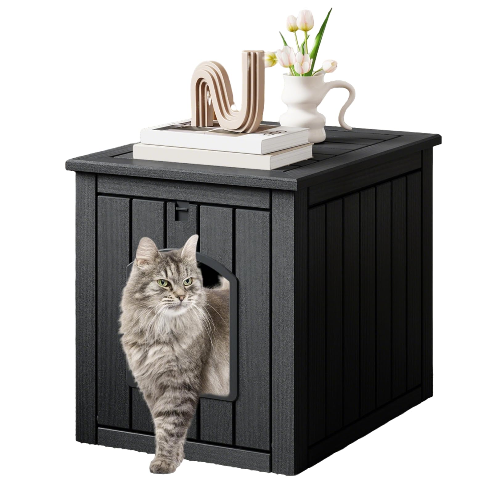 GYMAX Hidden Cat Litter Box Enclosure, Waterproof Cat House with Flip Front Door and Raised Floor, Indoor Outdoor Pet House Crate for Kitten (Black)
