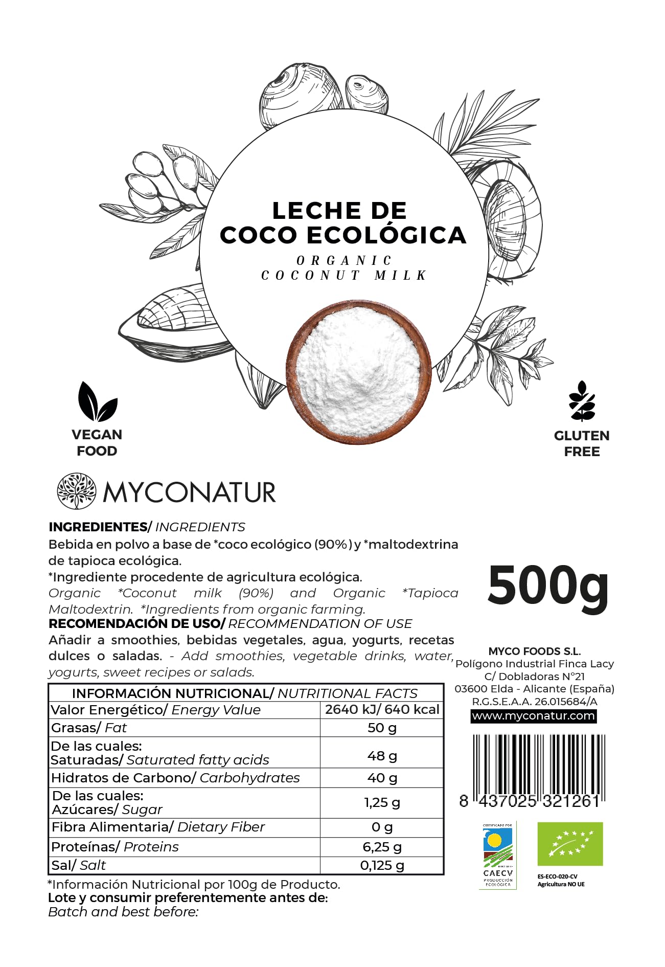 Leche de coco ecológica Myconatur 500gr BIO Sin gluten Vegana