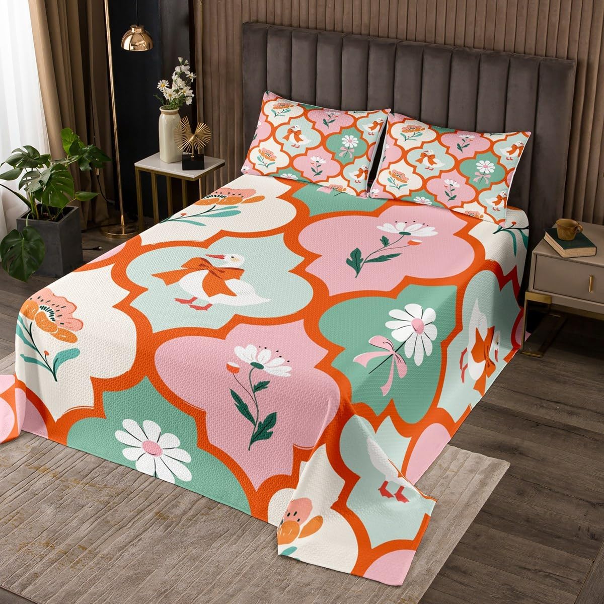 Erosebridal Cute Girls Queen Size Quilt Set, Cartoon Bows Flowers Bedspread Set for Kids Women, Kawaii White Goose Print Coverlet Set, Elegant Damask Floral Bed Set, Red Green, 2 Pillowcases