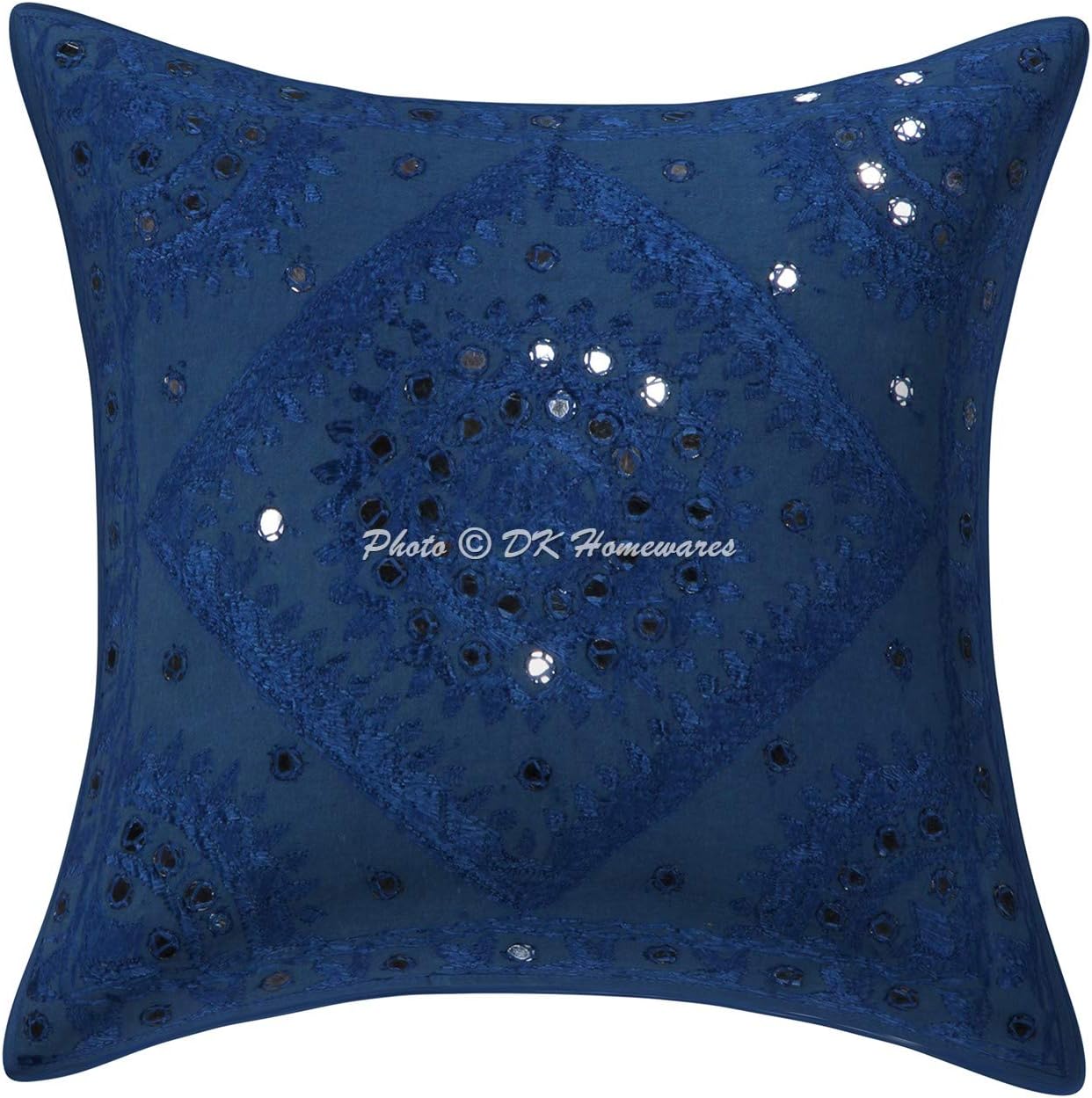 Indian Decorative Sofa Throw Pillowcases 16 Inch Cotton Embroidered Mirrored Bohemian Square Couch Cushion Covers (Size - 40x40 cm ; Color: Blue) - Set of 4 Pcs (Cover Only)