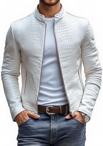 Mens Stone Pattern Leather Jacket,Slim Fit Fashion Moto Coat with Stand Collar,Zipper, Stylish,Semi-Formal