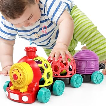 MOONTOY Baby Toy Train, Infant Soft Cars Toy for 6-12 Month Boy Gifts, Musical Push Go Train Toys for Toddlers 1-3, Toddler Sensory Ball Rattle, Birthday Gift 6 7 8 9 10 12 18 Month