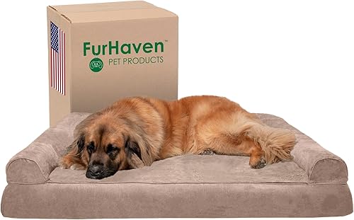 Furhaven - Cama ortopédica para mascotas para perros y gatos, tipo sofá de piel sintética y lino de rendimiento duradero con funda extraíble