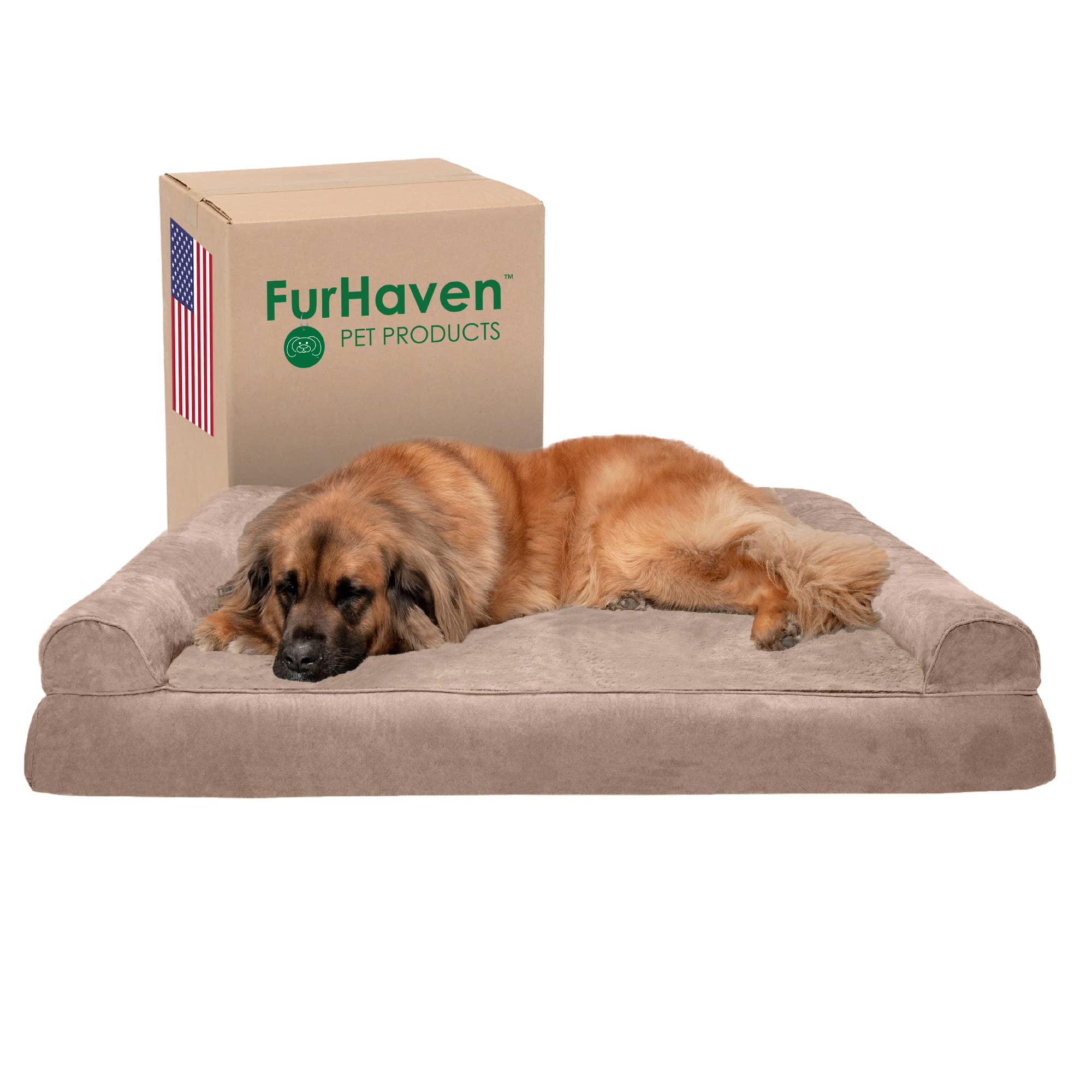 Furhaven Orthopedic Dog Bed for Large Dogs w/ Removable Bolsters & Washable Cover, For Dogs Up to 125 lbs - Plush & Suede Sofa - Almondine, Jumbo Plus/XXL