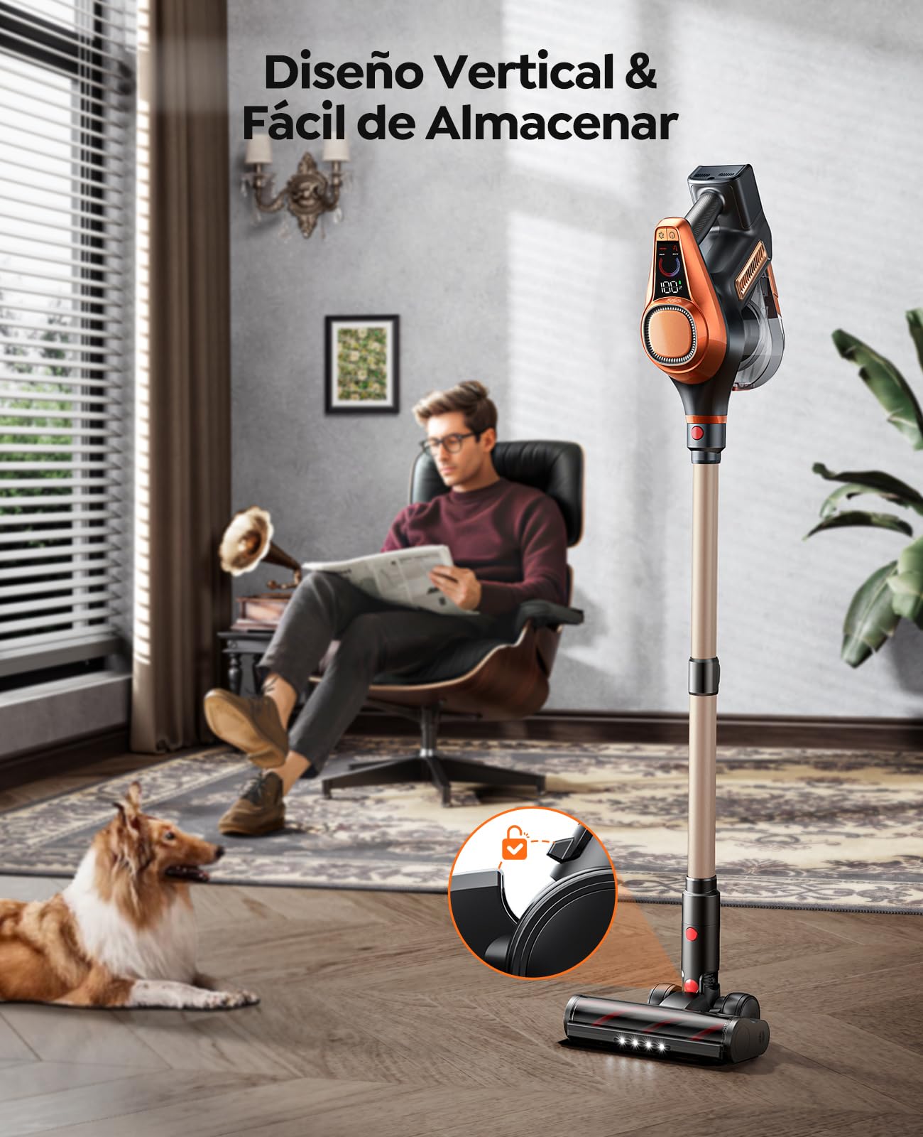 Aspiradora sin Cable 45KPA/550W/60Mins Potente Aspiradora Escoba Vertical Antienredo Aspirador Escoba sin Cable con 1,5L Gran Capacidad Aspiradora Inalámbrica para Suelo/Alfombra/Pelo de Mascota