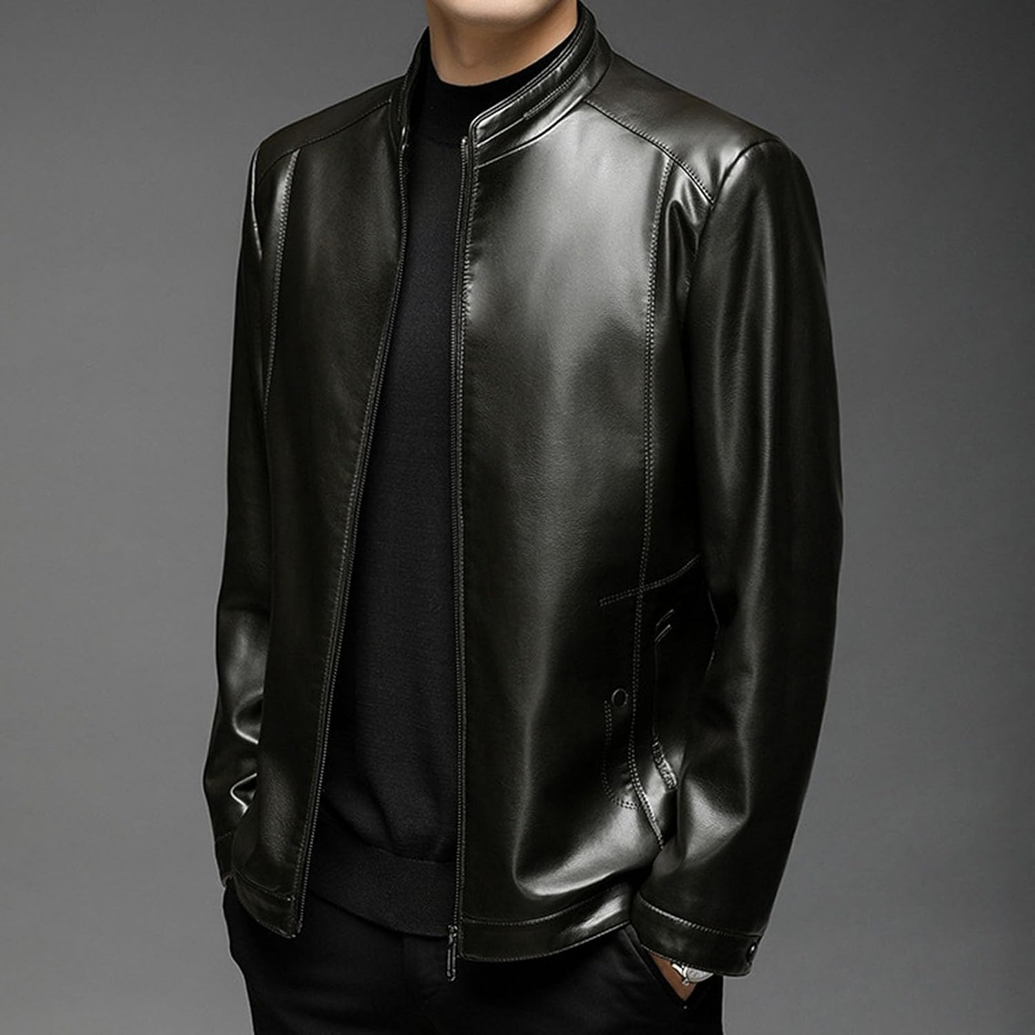 JEsilunmaMY Fall Winter Moto Biker Coat for Men Lightweight Stand Collar Leather Jacket Casual Motorcycle Bomber Outwear