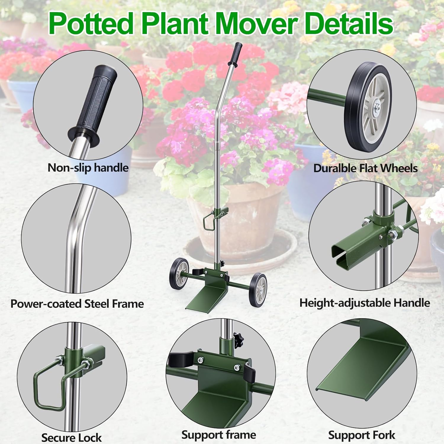 Heavy Duty Plant Mover with Wheels, Adjustable Pot Lifter Dolly for Large Potted Plants, Flat-Free Rubber Wheels, Ergonomic No-Lift Design, Steel Base, 220 LBS Capacity