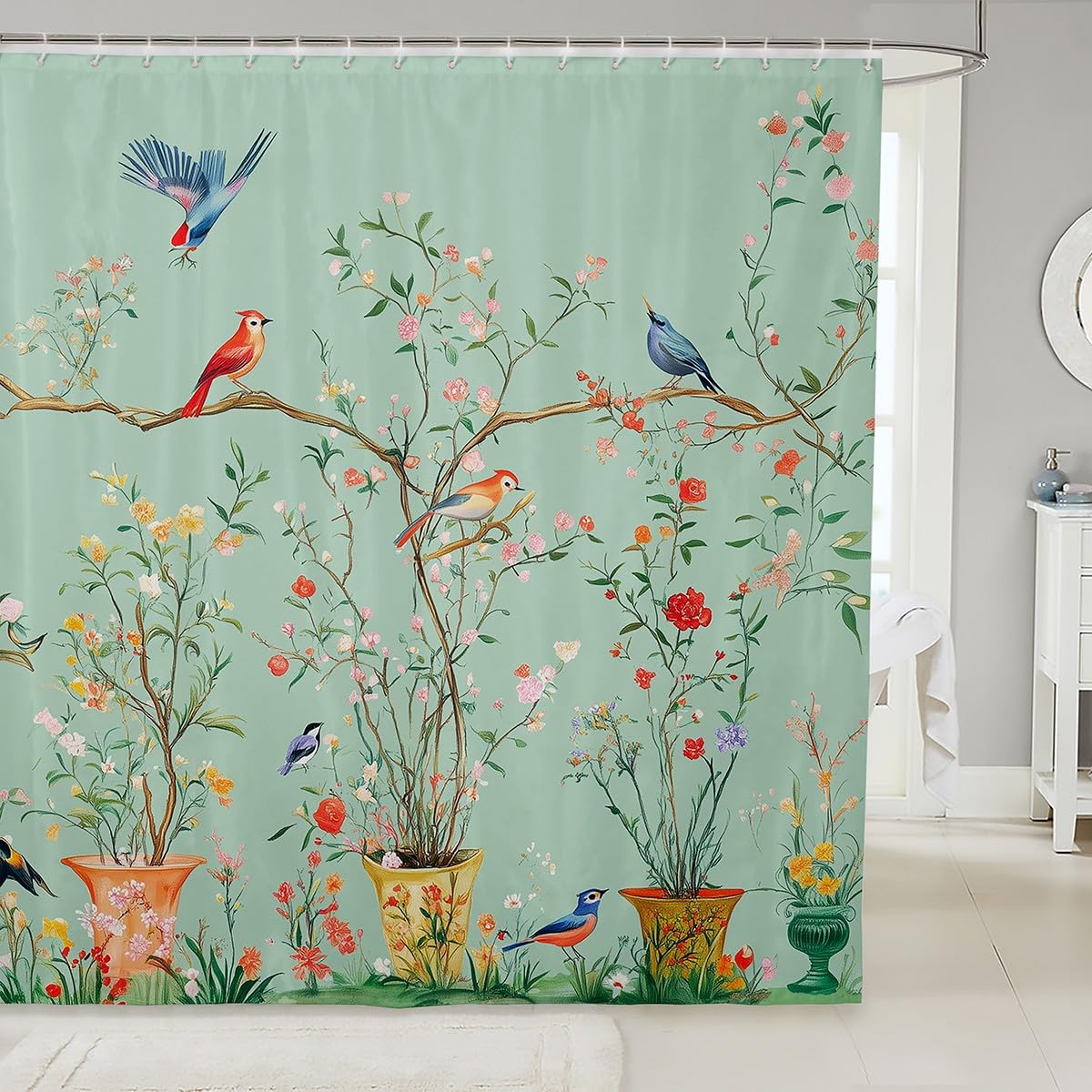 Homewish Cottage Green Bird Floral Shower Curtain 72" W x 84" L - Vintage Botanical Branches Waterproof Bathroom Curtains Rustic Pastoral French Country Bath Curtain Farmhouse Bathroom Accessories