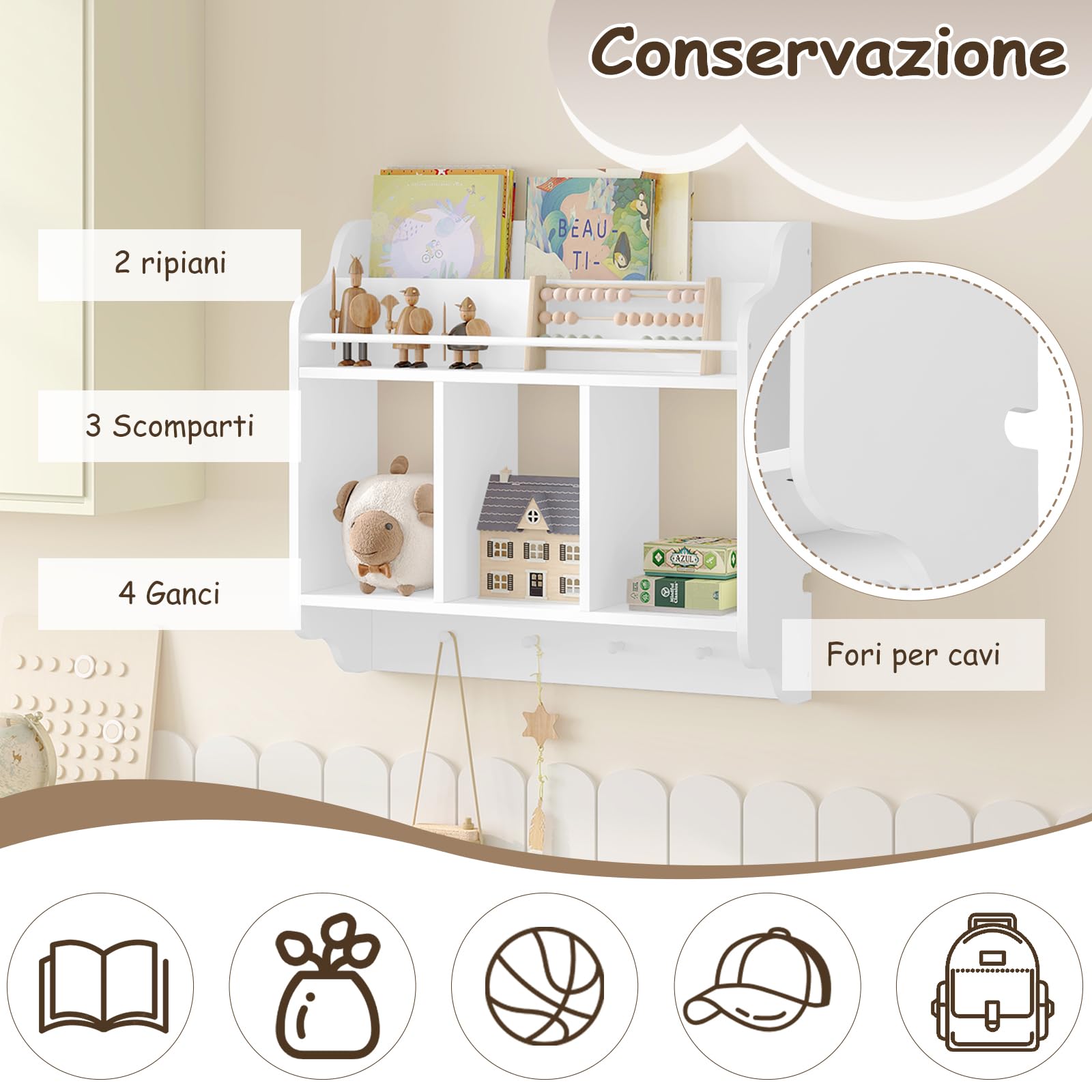WOLTU Scaffale per Bambini, Scaffale a Muro per Libri, Scaffale a Muro per Libri, Unità di Archiviazione con 3 Cubi Aperti, 4 Pomelli per Appendere, Mobili per Asilo Nido, Bianco
