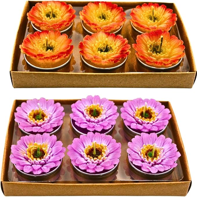 Dekohelden24 12er Set Teelicht in Form Einer Gerbera,Tischkerze, Gerberakerze, Blumenkerze in gelb und lila, Maße je Kerze 4 x 3 x 4 cm