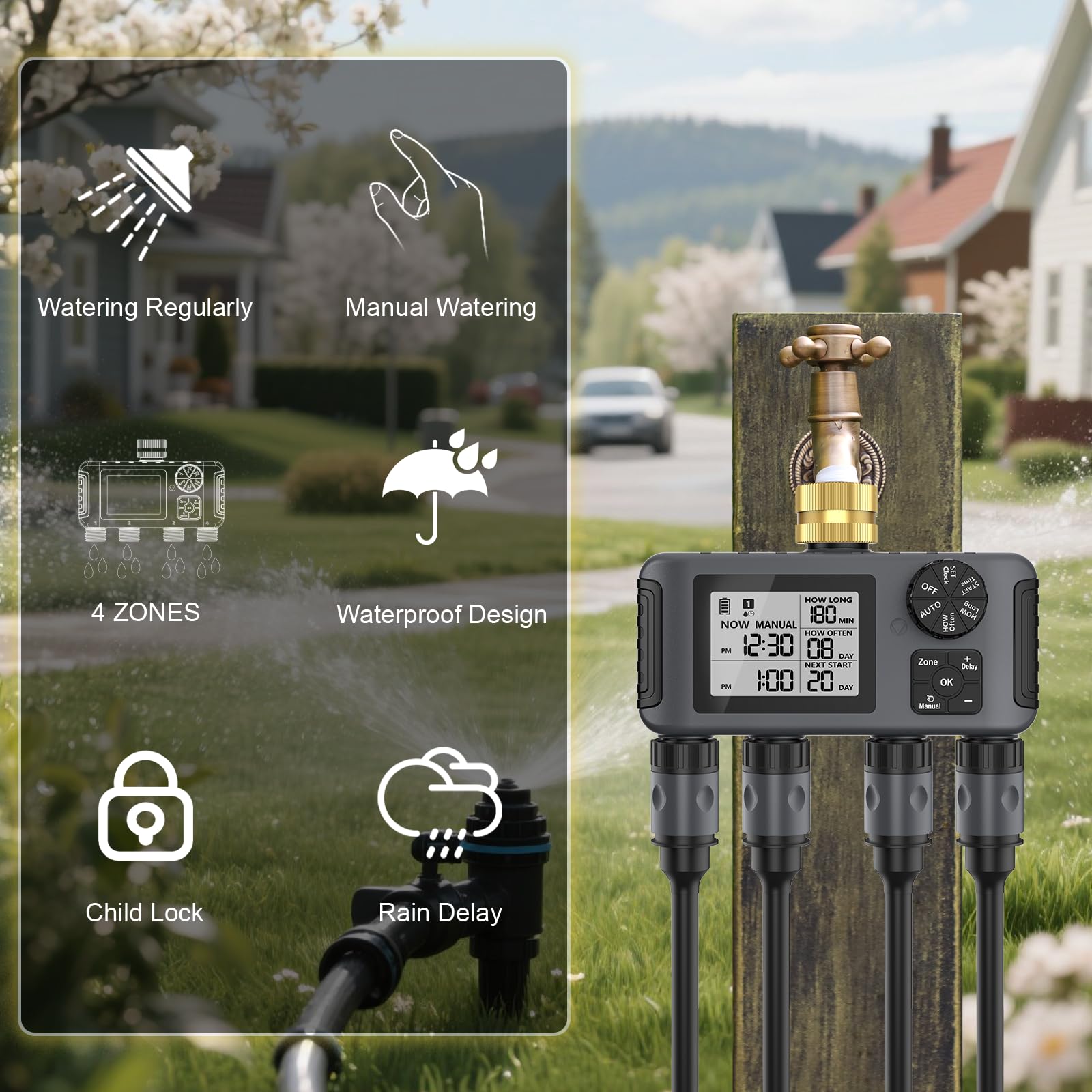 Haozee Irrigazione computer 4 uscite, timer da giardino con ritardo della pioggia/modalità automatica e manuale, IPX5 impermeabile/grande display LCD controllo di irrigazione