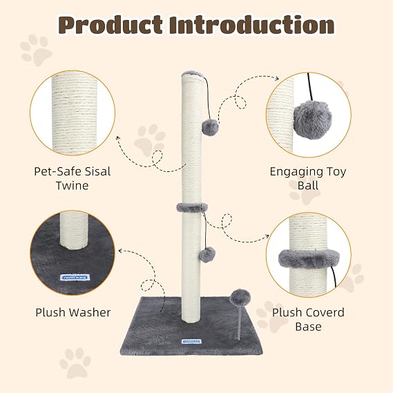 Nobleza Scratching Post for Cats, Height 80 cm, Scratching Post for Medium and Large Cats, Cat Tree with Hanging Toy Ball and Spring Pom Pom (Grey)