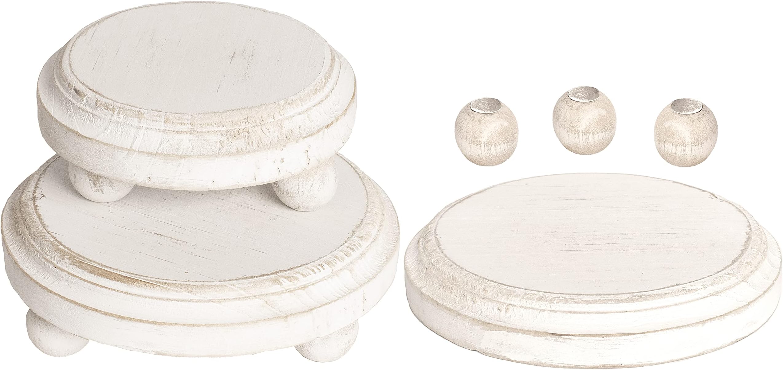 Felt Creative Home Goods Round Wooden Risers with Removable (Set of 3) - Farmhouse Rustic Decor Pedestal Stands for Tier Trays, Candles, Mugs Display (2 Large, 1 Small) - Rustic White