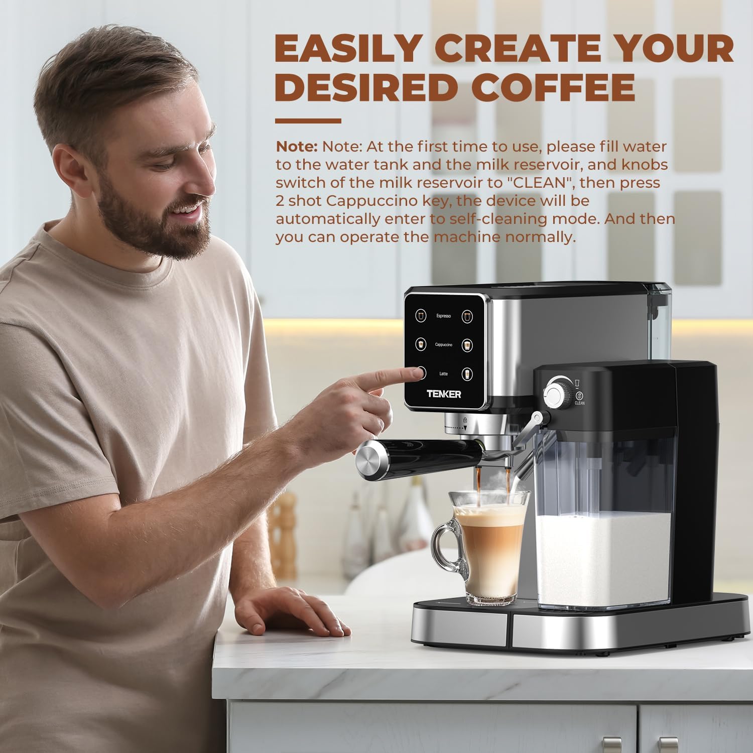 TENKER Espresso Machine 20 Bar, Cappuccino Machine with Automatic Milk Frother, Latte Machine in Stainless Steel Design, 1350W Touchscreen Coffee Maker for Home and Office (Silver)