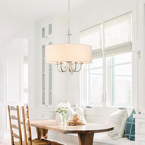 Miniatura 4 de Candelabros de tambor de 5 luces de 19 pulgadas para comedor, lámpara de níquel cepillado, moderna pantalla de lino, lámpara colgante para sala de