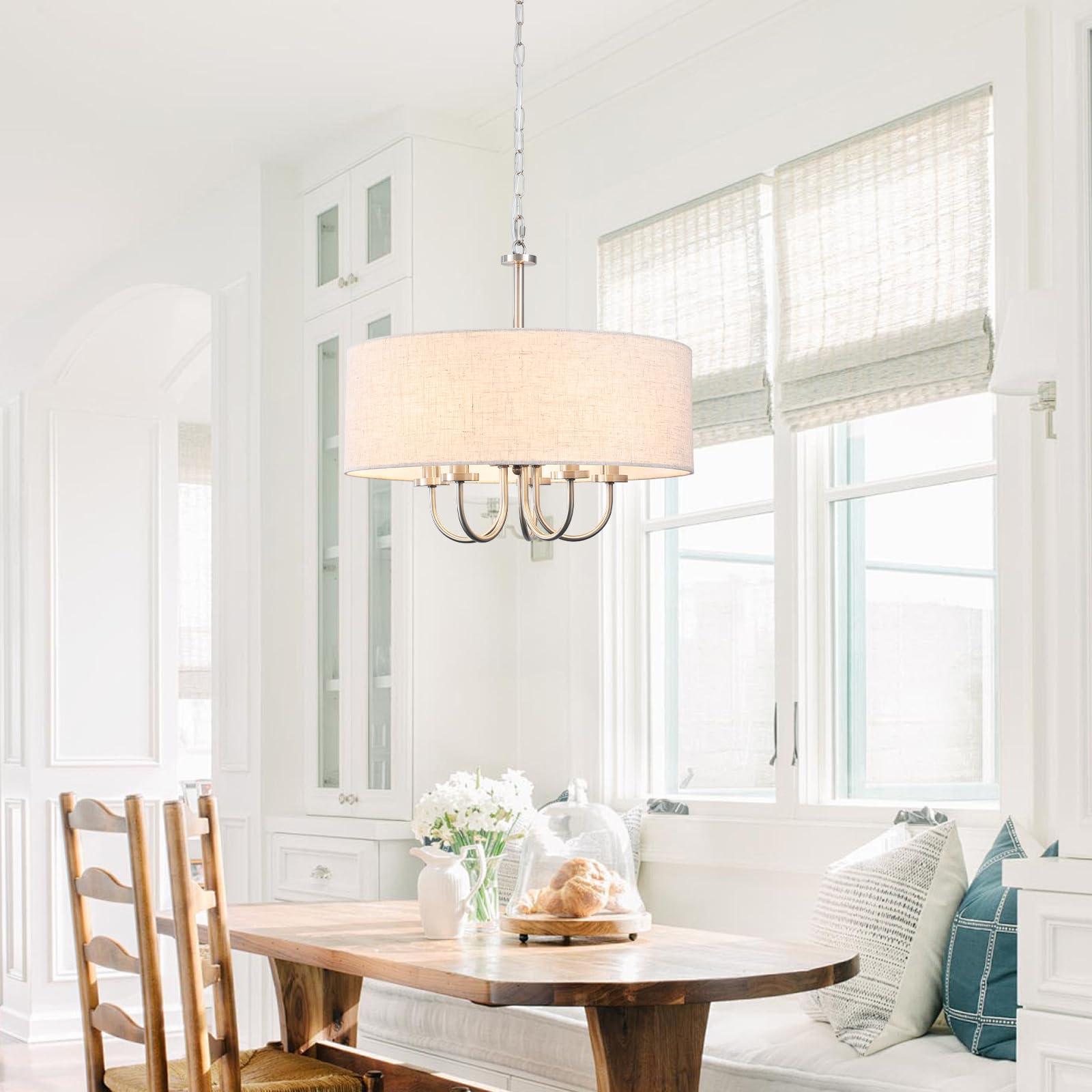TYNEWRGY 19" 5-Light Farmhouse Drum Chandelier – Brass & Black Finish With Linen Shade – Adjustable Chain For Dining Room, Kitchen, Hallway