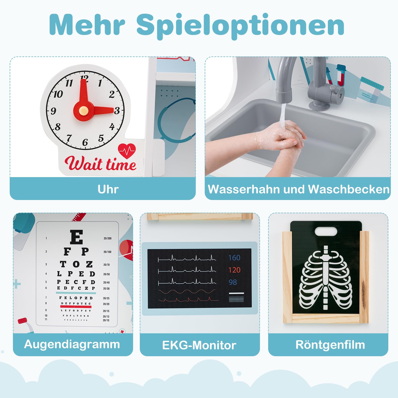 COSTWAY Krankenhaus Spielzeug, Doktor-Spielset Holz mit medizinischen Geräten & 24 Zubehör, inkl. Stethoskop & Blutdruckmessgerät & Spritze, Arzt-Rollenspiel für Kinder ab 3 Jahren (Blau)