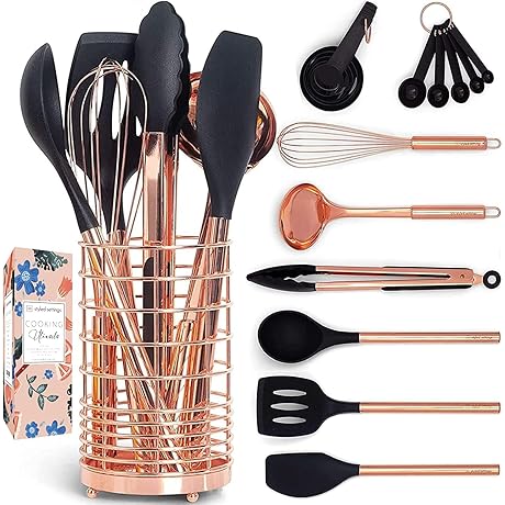 Black & Copper Kitchen Utensils with Copper Utensil Holder- 17PC Set: Measuring...