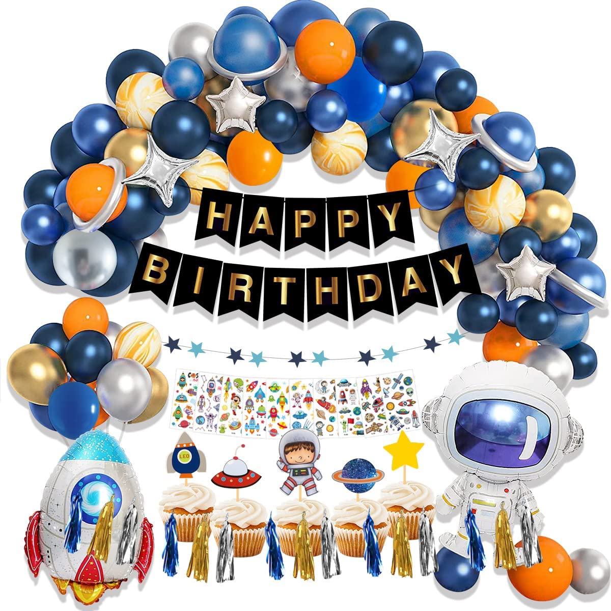 125 PCS Solar System Outer Space Party Supplies Decoration for Birthday Party Baby Shower-Include Plates,Papercup,Straws,Rocket Balloons,Swirl Decorations,Cupcake Toppers,Astronaut Birthday Banner