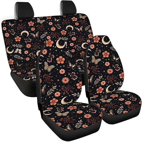 Car Seat Covers 4 Pcs for Women, Moon Butterfly Floral Front Seat Cushion Split Rear Seat Protector Universal Fit for Trucks Sedan SUV Car Accessories for Men