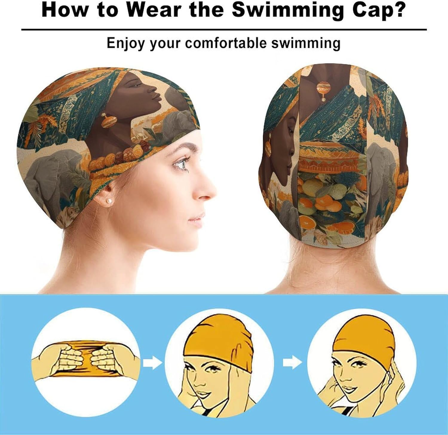 Savanna African Woman Animal World Womens Swim Cap for Men Adult Swimming Hat Curly Short Medium Long Hair