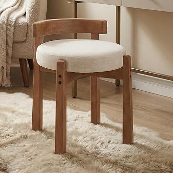 LukeAlon Cute Linen Upholstered Vanity Stool, Round Comfy Makeup Stool with Wooden Legs Small Ottoman Chair Mid Century Modern Padded Seat Footrest for Makeup Room Cloakroom Bedroom, Beige