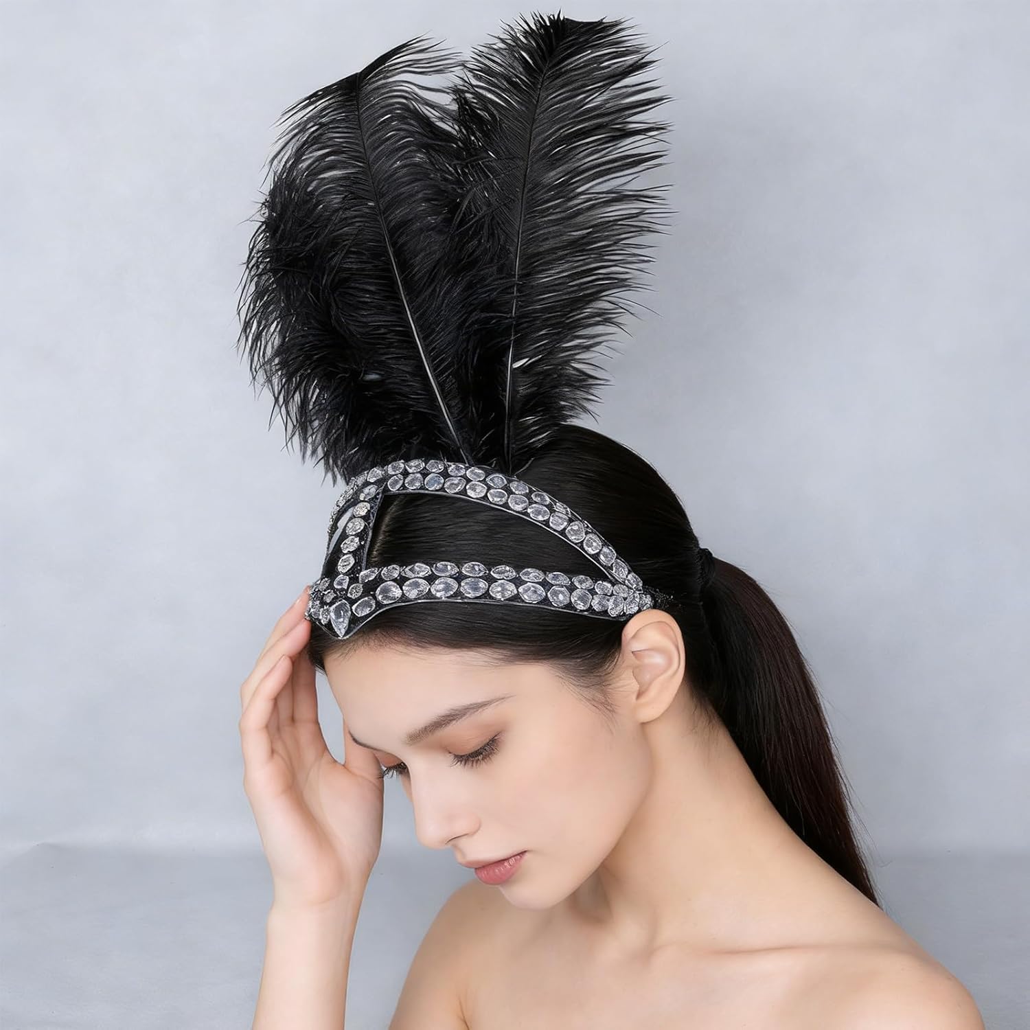 [FANSHINUO] 1920年代の羽付きヘアバンド、輝くラインストーン付きヘッドアクセサリー、ハロウィーンパーティーや卒業イベン