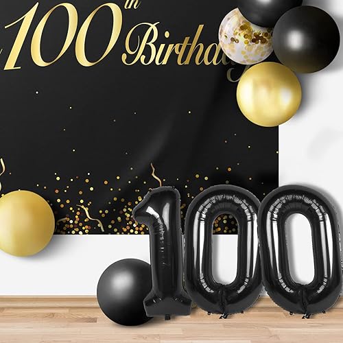 Miniatura 6 de Juego de globos negros de feliz cumpleaños número 100  Saludos a los 100 años de edad, decoración de telón de fondo para mujeres y hombres