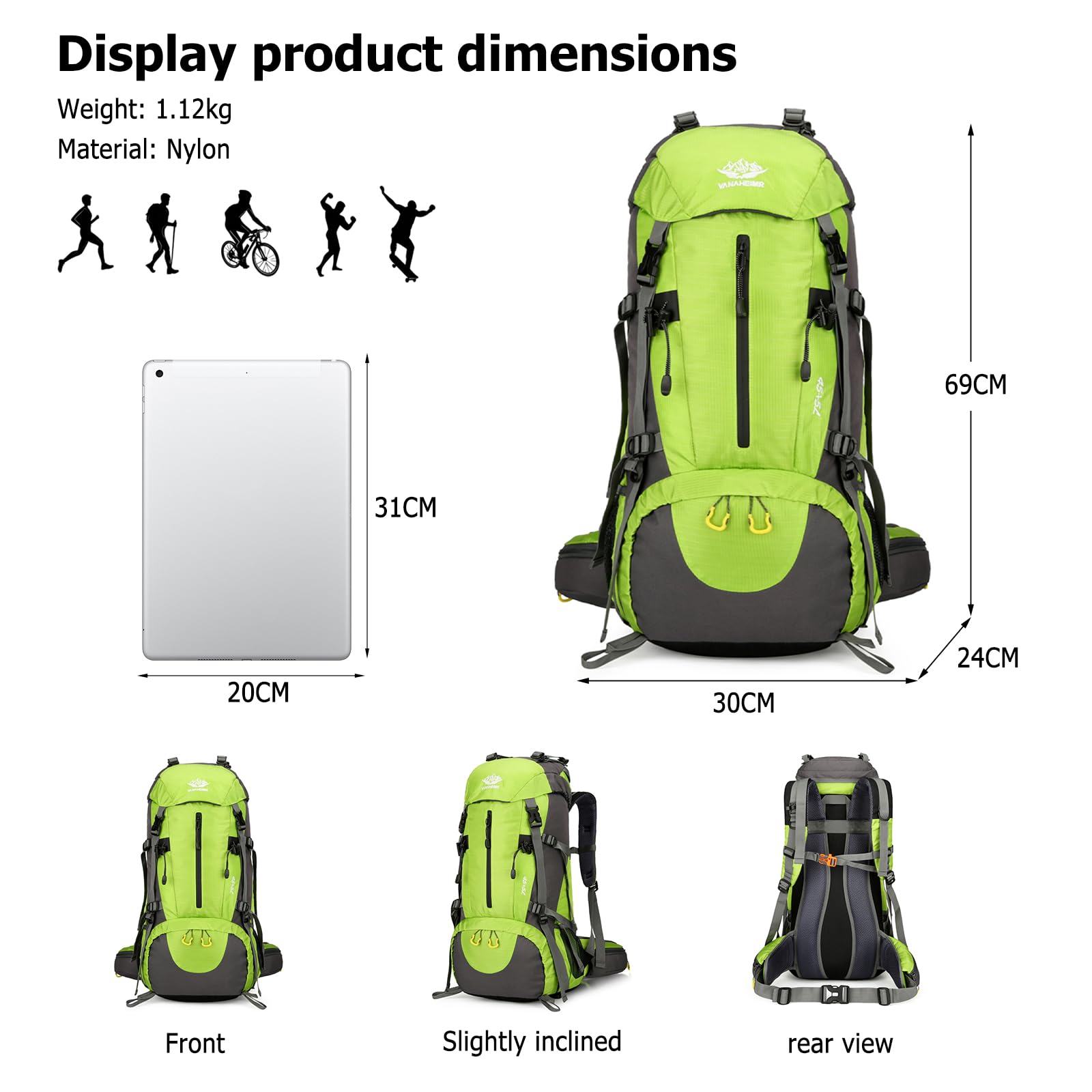 50L Zaino da Trekking Zaino Impermeabile Zaini con Copertura per la Pioggia Donna Uomo Backpack per Escursionismo Campeggio Arrampicata Viaggio Verde