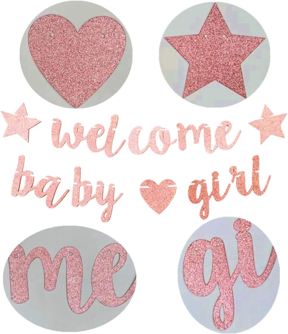 bng-bng Baby Shower Decorations Welcome Baby Girl Home Banner Glitter Girl Newborn Baby Shower Bunting Birthday Party Hanging Decorations Supplies Rose Gold Pre-strung - Image 3