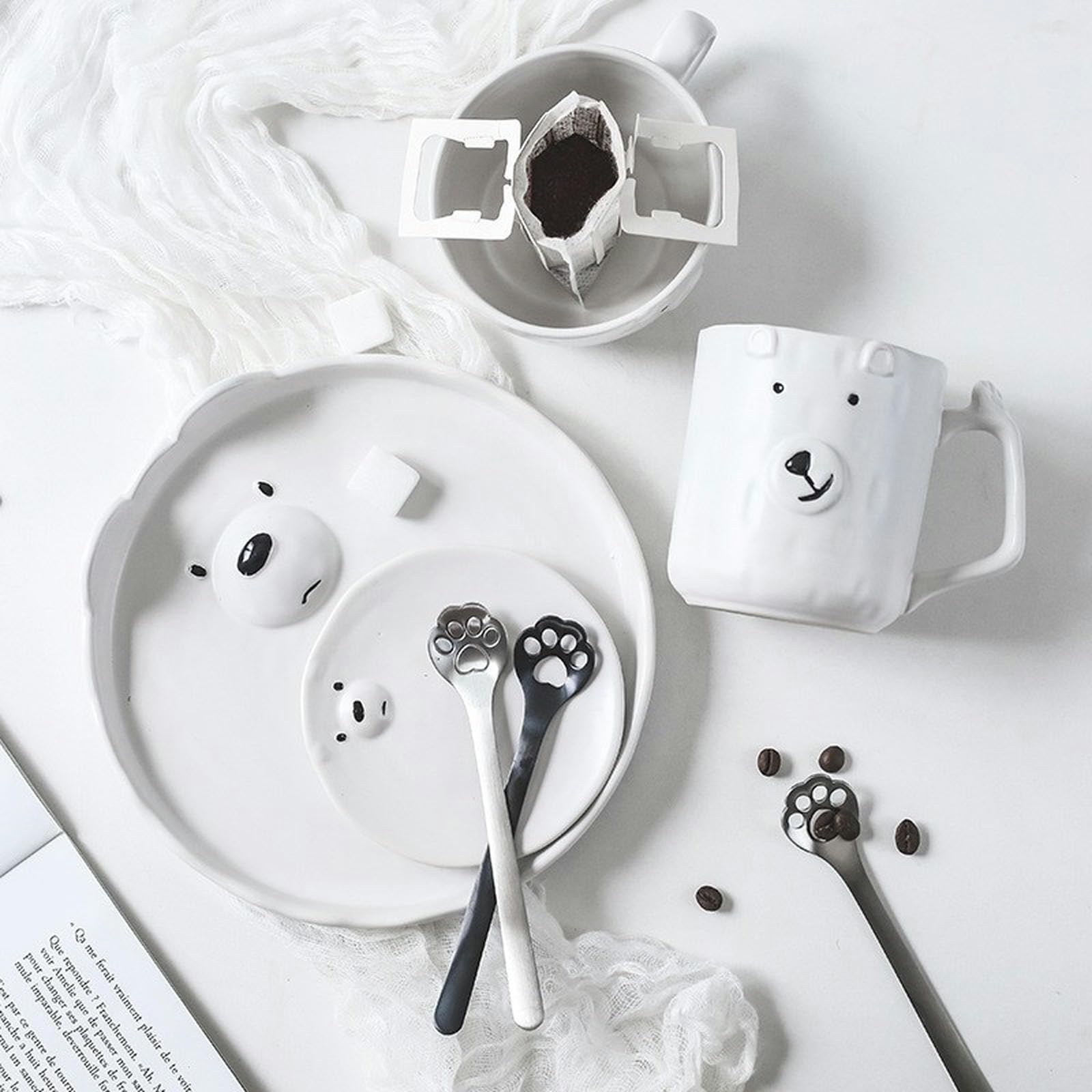Assiette, vaisselle, four à micro-ondes, motif ours blanc, ensemble de vaisselle créative japonaise pour petit déjeuner - fourchette et cuillère à ours