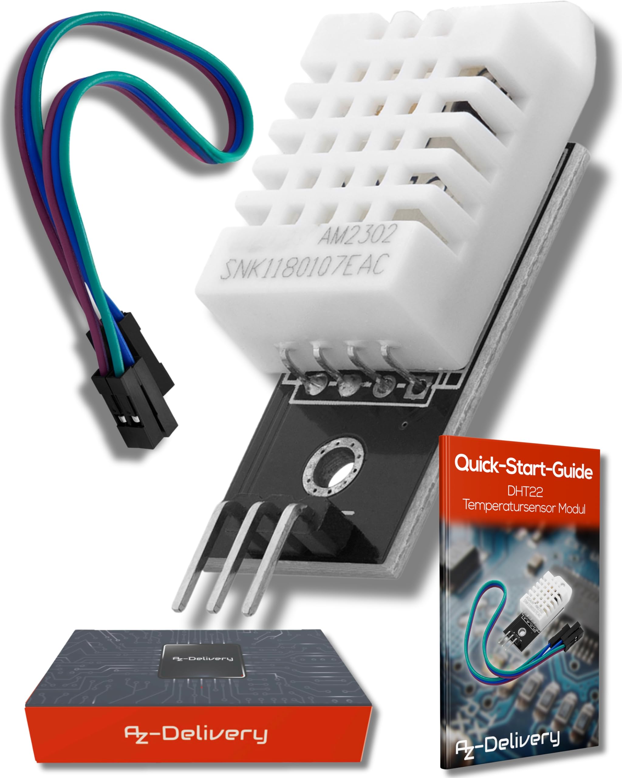 AZDelivery DHT22 AM2302 Temperatursensor und Luftfeuchtigkeitssensor mit Platine und Kabel kompatibel mit Arduino und Raspberry Pi inklusive E-Book!