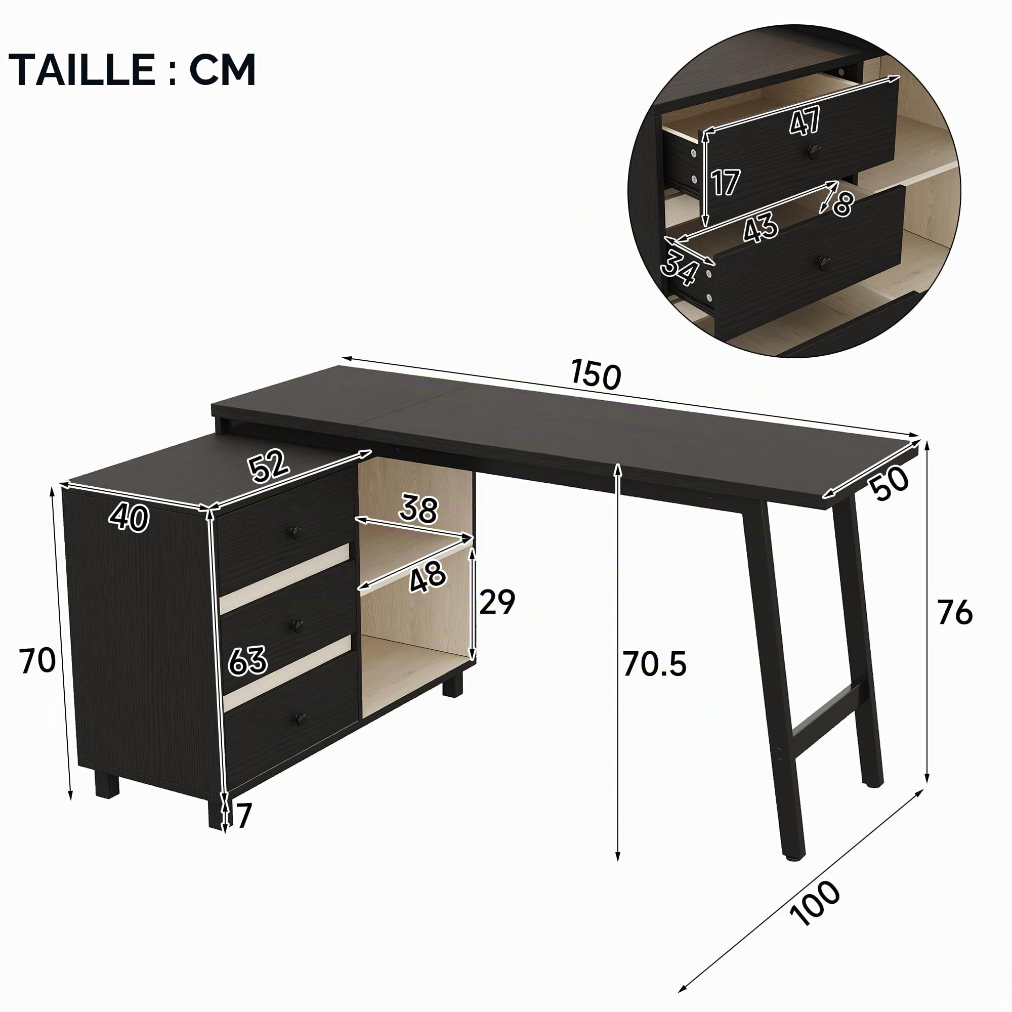 Merax Bureau d’Angle 150 x 100 cm avec 3 Tiroirs et Étagères Ouvertes, Grand Bureau Informatique en L avec Structure Métal, Table de Bureau Moderne pour Télétravail, Étude et Gaming, Noir et Blanc