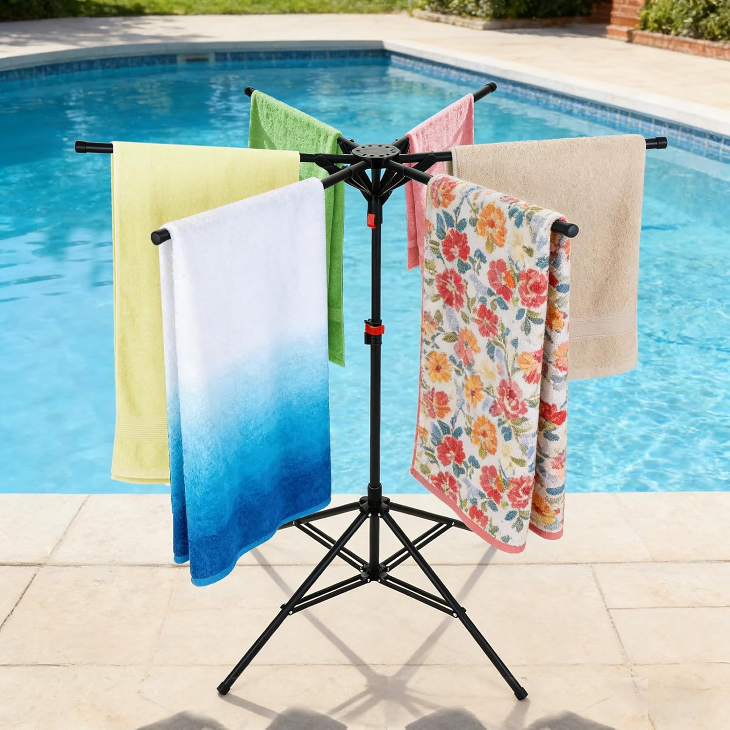 Pool Towel Rack Outdoor, Adjustable 51-71 Inch Freestanding Pool Float Storage Rack, 4-Legged Stand & 6 Foldable Arms, Hot Tub Accessories Towel Dying Stand for Towels, Swim Gear, Pool, Hot Tub etc