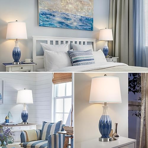 Miniatura 2 de Juego de 2 lámparas de mesa de 28 pulgadas de alto, lámparas de noche de cerámica azul marino con puertos USB, lámpara costera con pantalla de tela